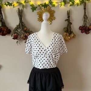 NWT Monteau Cottagecore Black and White Polka Dot Blouse